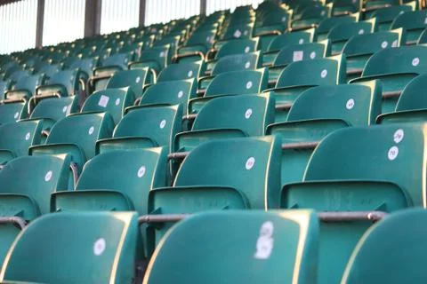 Empty green grandstand seating in a regular symmetrical pattern Stock Photos