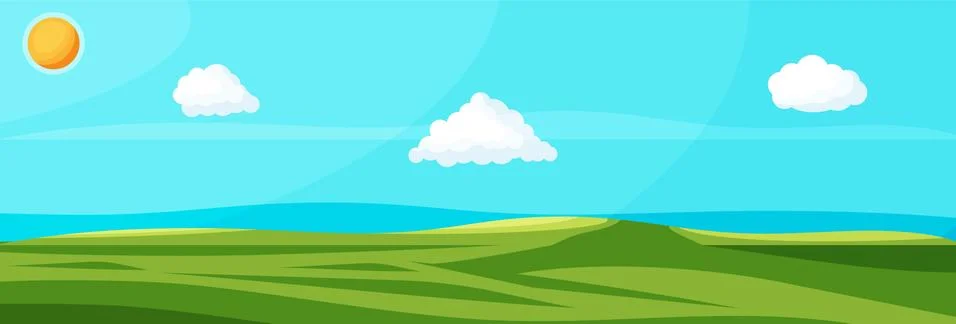 Empty green landscape with sky, clouds and sun. Stock Illustration