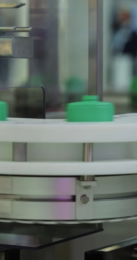 Empty green plastic bottles travel through high-tech manufacturing environment Stock Footage 346231636