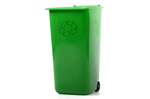 Empty green plastic recycle bin isolated Stock Photos