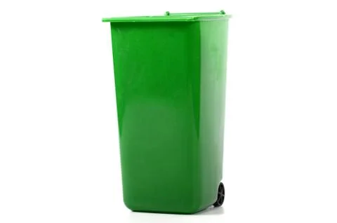Empty green plastic recycle bin isolated Foto stock