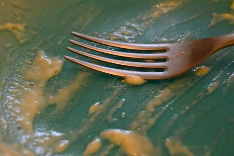 Empty green plate with fork and food remnants Stock Photos