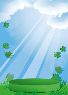 Empty green podium with blue sky, green grass and tree leaves clovers Illustrazione stock