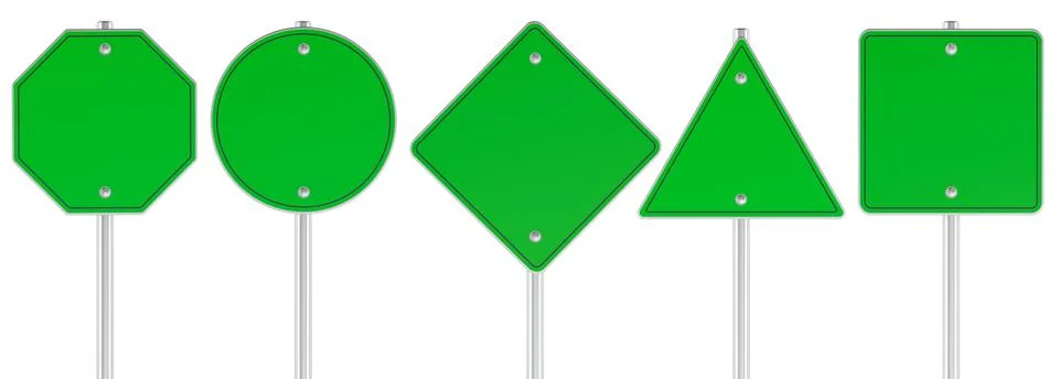 Empty green road signs of different shapes. Octagon, circle, diamond, trian.. Stock Illustration