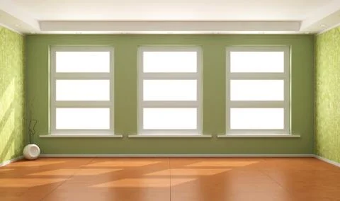 Empty green room with three windows Stock Illustration