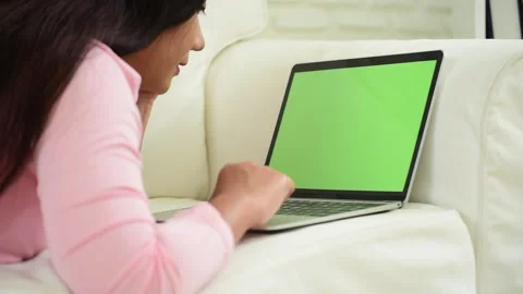Empty Green Screen laptop Blogger Woman hands typing Laptop computer keyboard. C Stock Footage 266751690