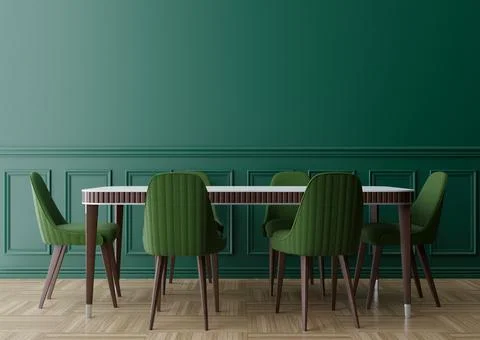 Empty green wall in modern dining room. Mock up interior in classic style. Fr Stock Photos