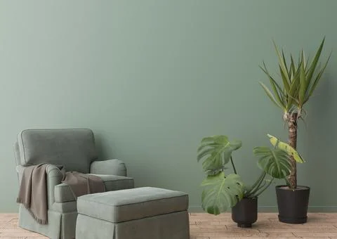 Empty green wall in modern room. Mock up interior in contemporary, scandinavi Stock Photos
