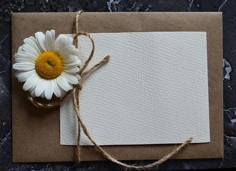 An empty greeting card with a brown envelope and a white flower for mom on a  Stock Photos
