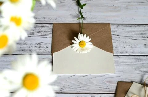 An empty greeting card with a brown envelope and a white flower for mom on a  Stock Photos