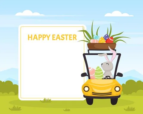 Empty Greeting Card with Easter Bunny Character Driving Car with Decorated Stock Illustration