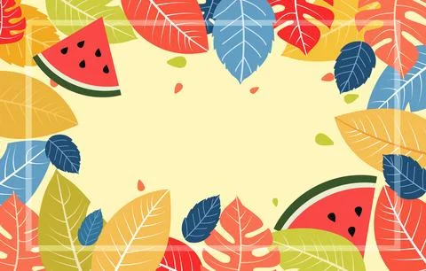 Empty Greeting Card of Summer Watermelon Leaf Line Frame Background Stock Illustration