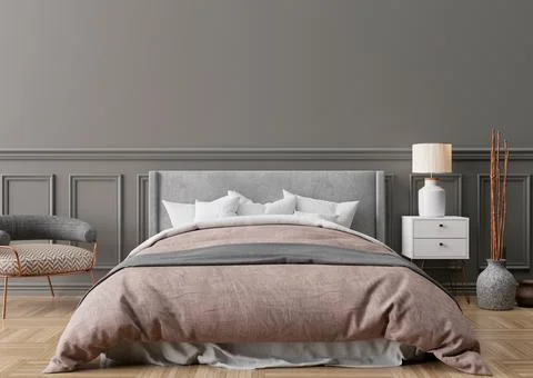 Empty grey wall in modern and cozy bedroom. Mock up interior in classic style Stock Photos