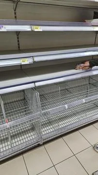 Empty grocery store shelves highlight a significant product shortage. Stock Photos