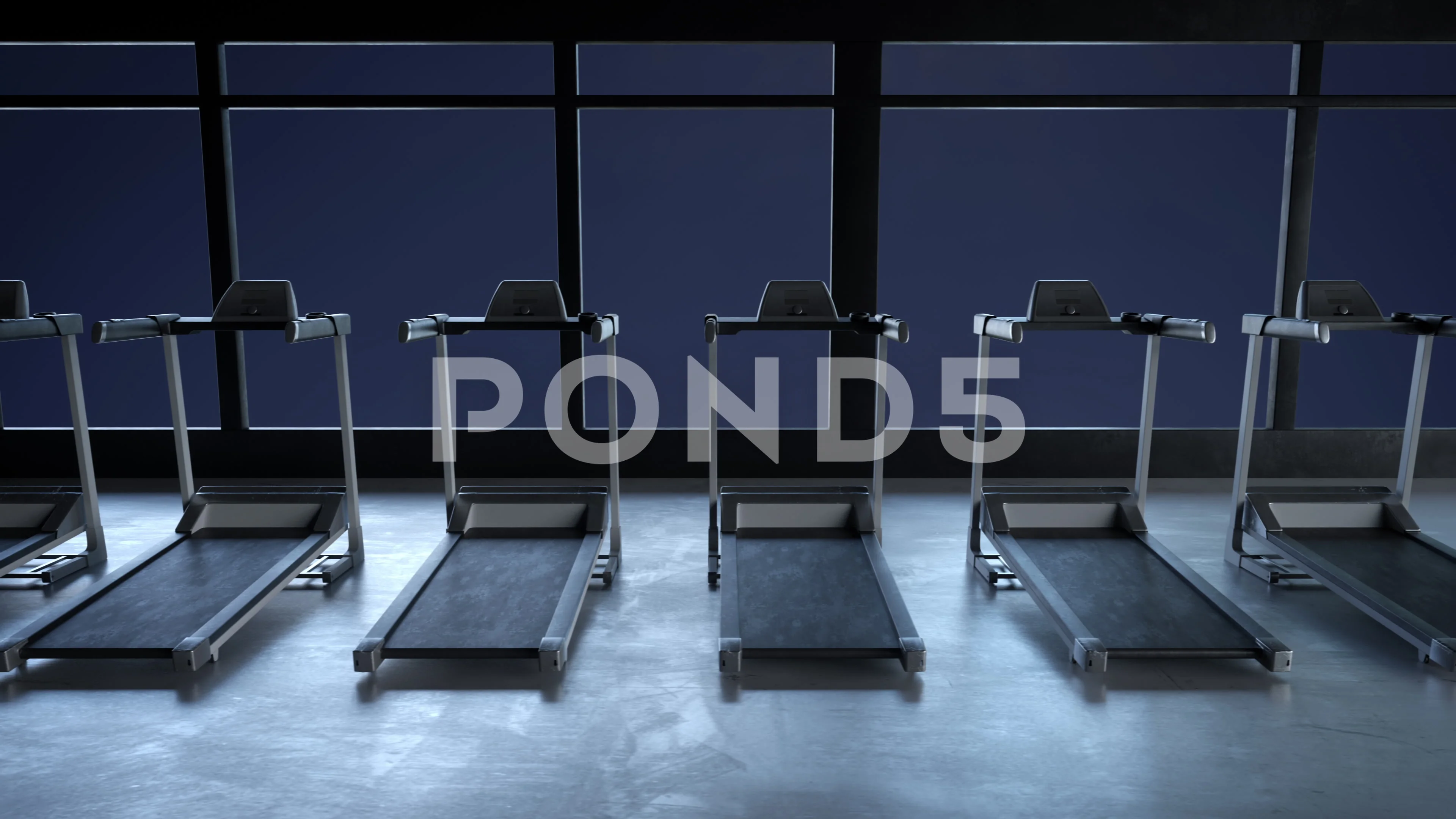 Empty gym interior at night cardio treadmill machines placed in a row