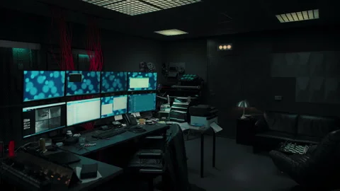 Empty hacker control room with multiple monitors Video stock 335492884