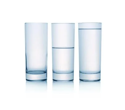 Empty, half full and full glasses of water on white background Stock Photos