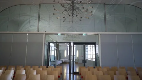 Empty hall for conferences and lectures, bright room, empty seats, lecture hall Stock Footage 119049350