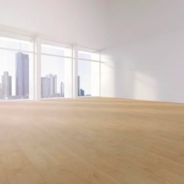 Empty hall with plank flooring in a high rise, 3D Rendering 스톡 일러스트