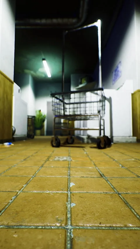 Empty hallway in a dimly lit laundry area with a shopping cart Stock Footage 326152061
