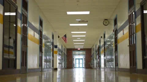 Empty hallway in high, middle, or elementary school with all the lights on. Stock Footage 167420114
