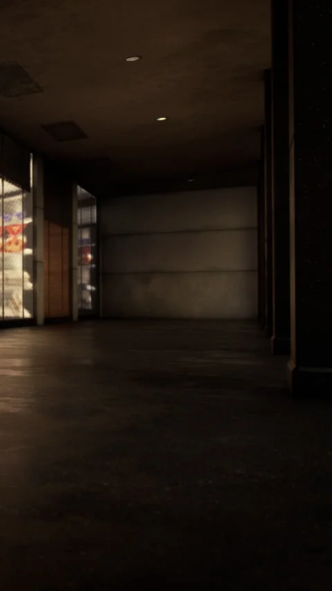 Empty hallway with large windows showing city street at night Stock Footage 341233495