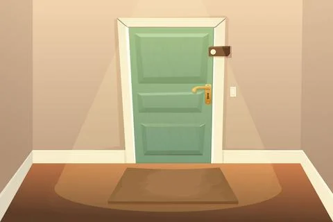 Empty hallway with locked door, interior in cartoon style, cute details with Illustrazione stock