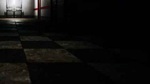 Empty hallway with a tiled floor in a dimly lit space during nighttime Stock Footage 345003845