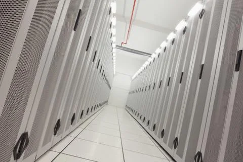 Empty hallway of tower servers Stock Photos