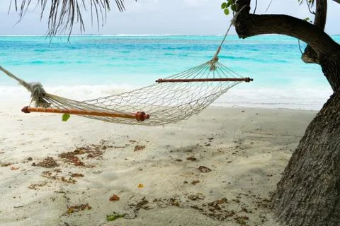 Empty hammock between palms trees at sandy beach Stock Photos