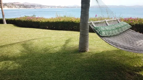 Empty Hammock swinging in tropical paradise. Stock Footage 113993948