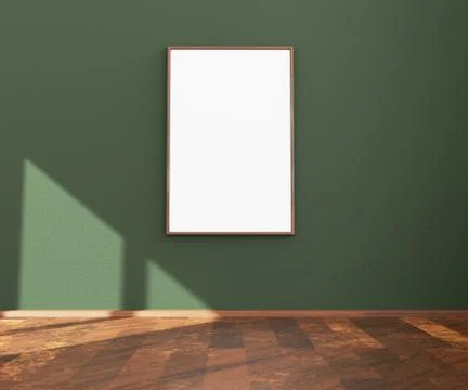 Empty hanging picture or poster frame on a white wall for mock up. 3D Stock Illustration