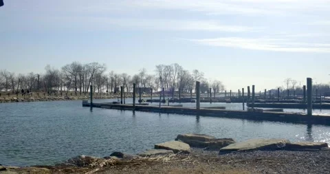 Empty harbor during winter season with calm water - Cove Island, CT. 4K Stock Footage 172082115