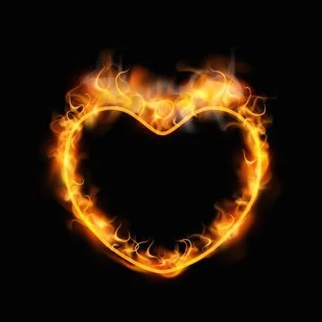 An empty heart-shaped frame with a burning orange flame, smoke, and glow effect. Stock Illustration
