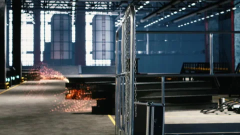 Empty heavy industry factory shows spacious machinery hall with metallic beams Stock Footage 321913895