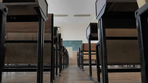 Empty High School Classroom. Camera Moving On The Floor Stock Footage 141594293