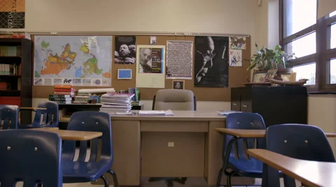 Empty High School Classroom with Teacher's Desk Stock Footage
