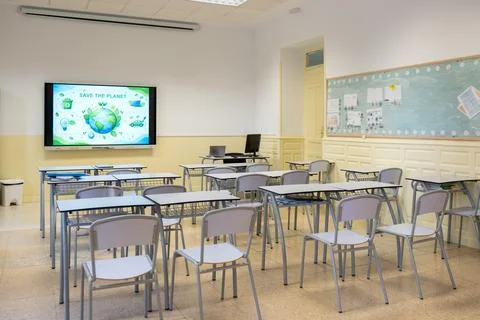 Empty high school classroom teaching environmental protection concepts Stock Photos