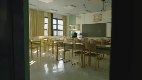 Empty highschool classroom, primary school is closed during pandemic corona Stock Footage 146229527