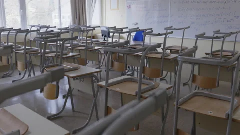 Empty highschool classroom, primary school is closed during pandemic corona Stock Footage 146780380