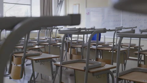 Empty highschool classroom, primary school is closed during pandemic corona Stock Footage 146780420