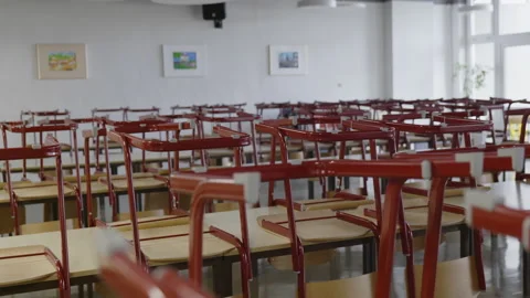 Empty highschool classroom, primary school is closed during pandemic corona Stock Footage 146780545