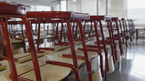 Empty highschool classroom, primary school is closed during pandemic corona Stock Footage 146780597