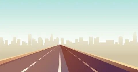 Empty highway. Straight road through to city landscape. Metropolis on background Stock Illustration