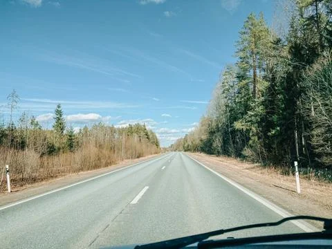 Empty Highway Through Forest Under Clear Blue Sky Stock-Fotos