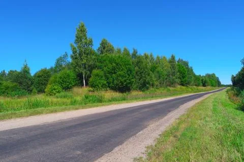 Empty highway through green forest Stock Photos