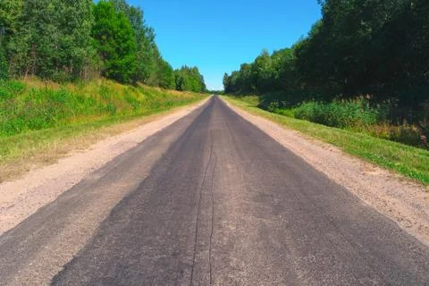 Empty highway through green forest Stock Photos