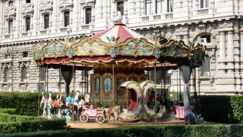 Empty historical carousel between Castel Sant'Angelo and Court of Cassation in Stock Footage 156438794