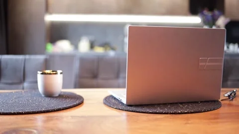 Empty home office with computer in a beautiful, spacious kitchen interior. Stock Footage 271145752