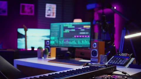 Empty home studio filled with recording and mixing instruments Stock Footage 268352012